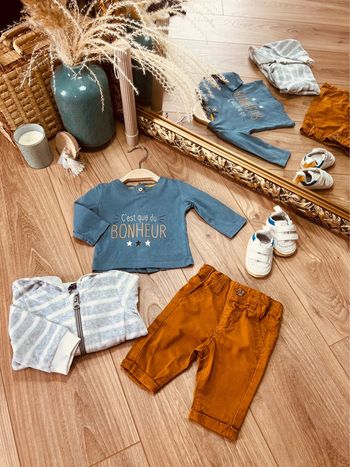 Taille 1 mois ensemble 3 pièces garçon Kiabi bleu gris et camel * bonheur * 💙