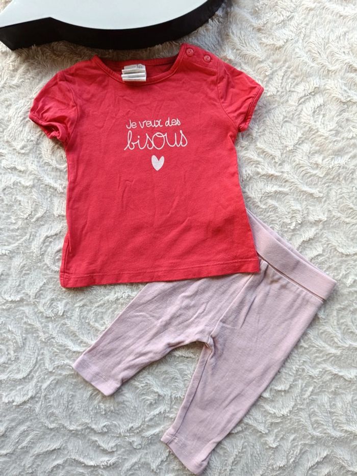 Ensemble (tee shirt manches courtes+sarouel legging) Fille 3 mois Je veux des bisous cœur - photo numéro 2