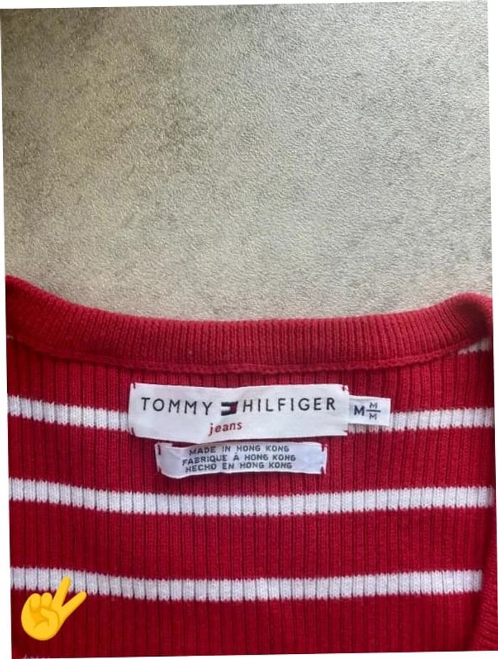 Pull Tommy Hilfiger Col V Taille M rouge blanc Femme Women PULL0173 - photo numéro 2