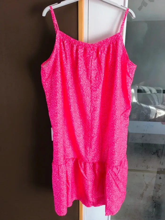 Robe mi longue à fleurs roses fushias et blanches femme XL - photo numéro 7