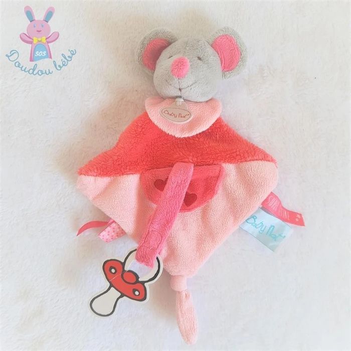 Doudou plat Souris rose gris cœurs attache tétine Baby Nat