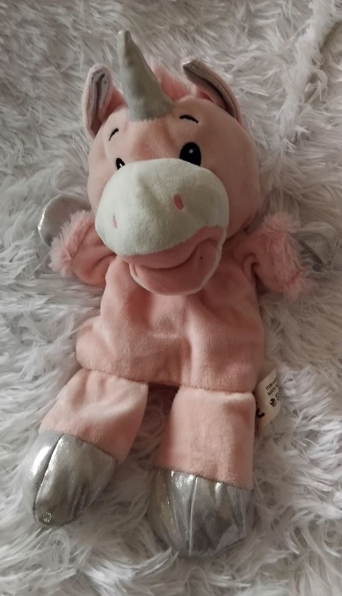 Doudou marionnette licorne rose et argenter- Goffa - photo numéro 2