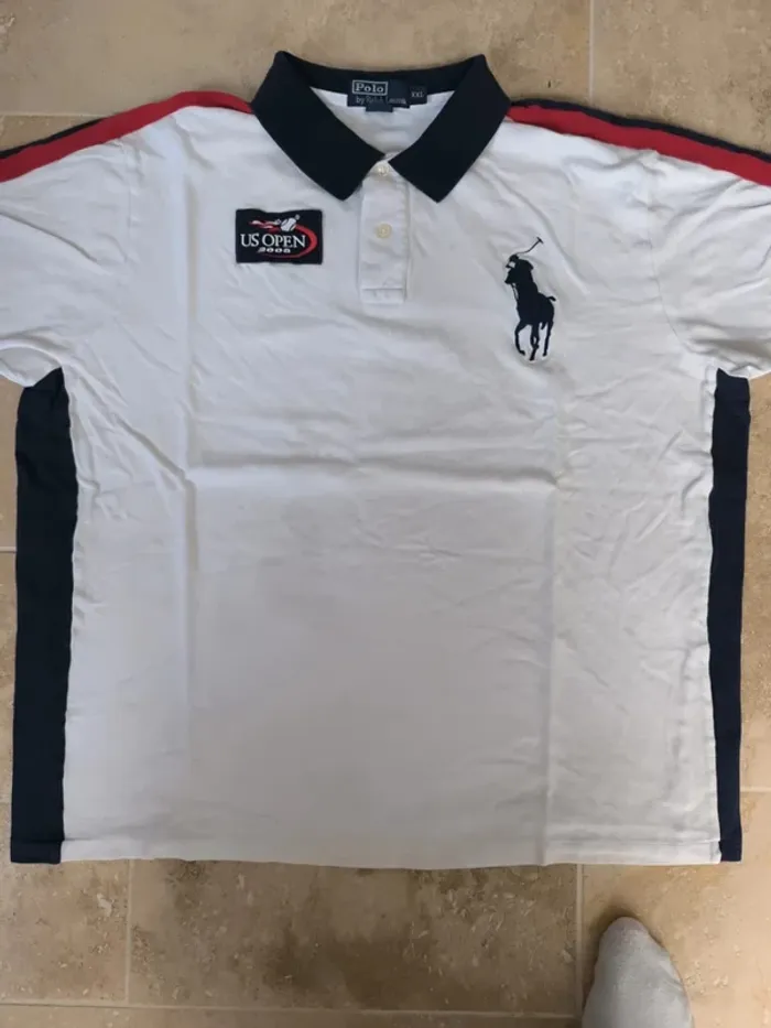 Joli Polo Ralph Lauren XXL blanc logo marine US Open 2008 collector tâché - photo numéro 5