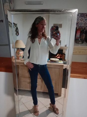 Blouse femme blanc cassé points dorés pailletés p