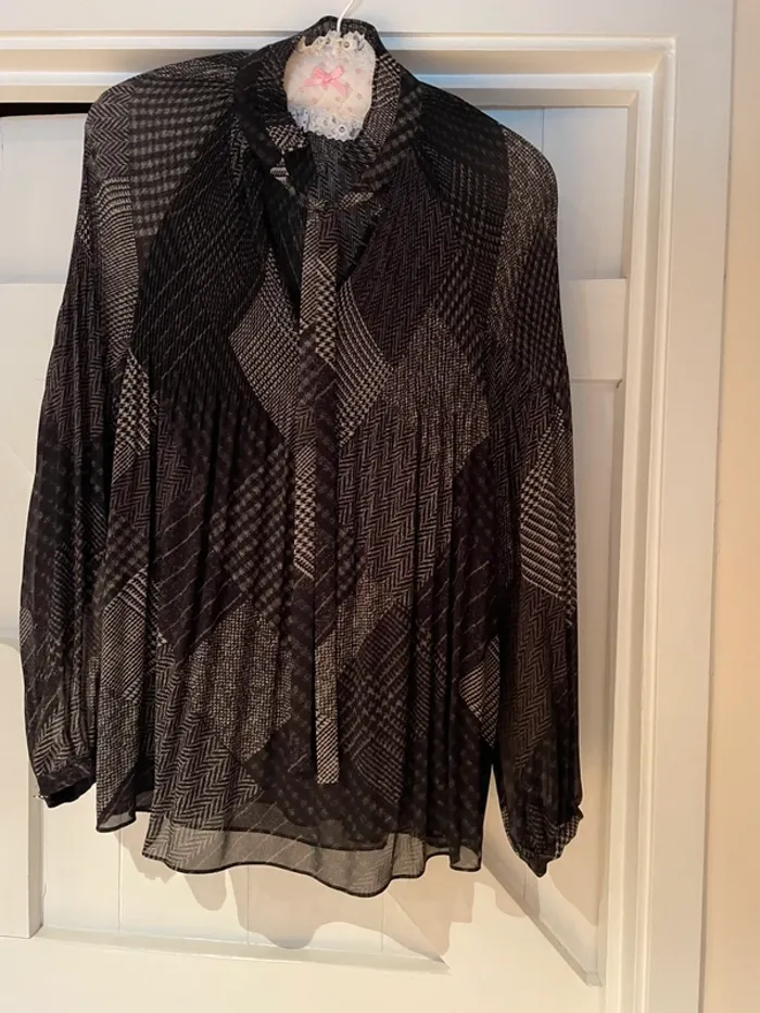 “Lauren” Black/Dark Grey Check Blouse Size XS
