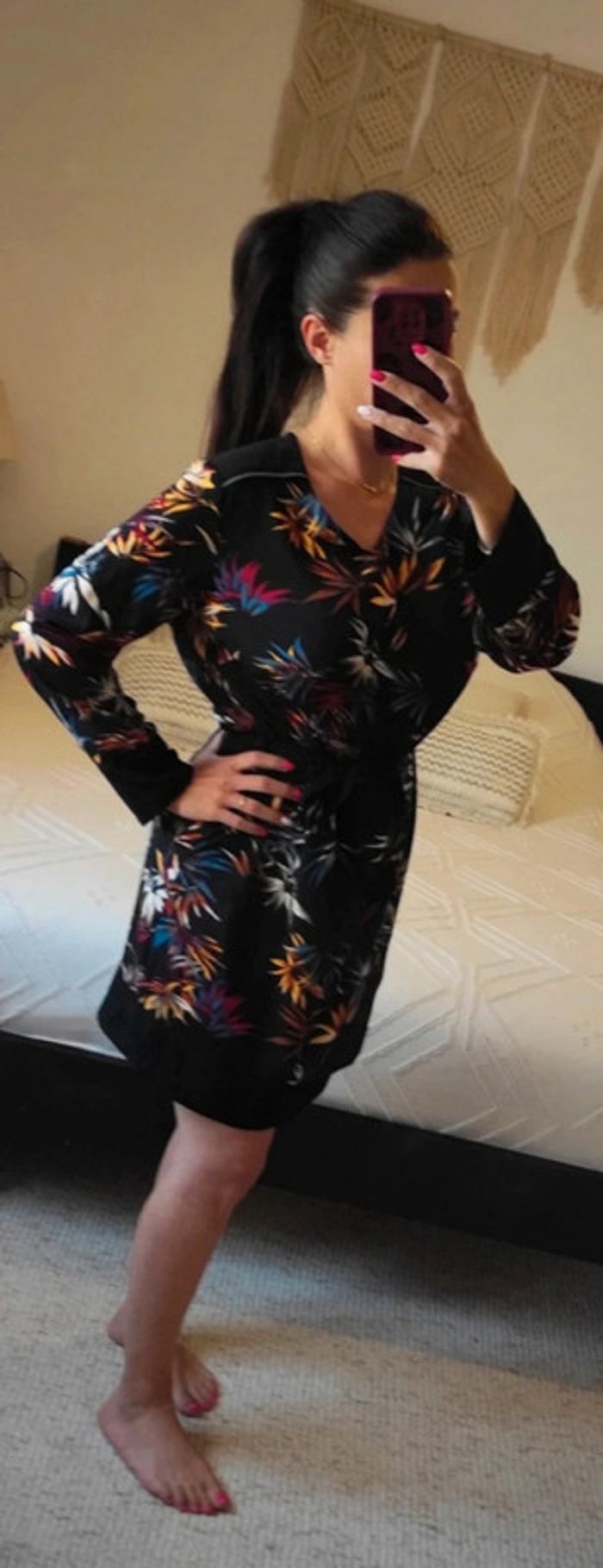 Robe légère et fluide Christine Laure T3 noir motif feuillage coloré