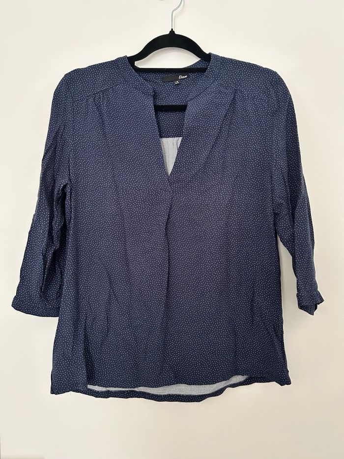 Blouse manches 3/4 bleu marine pois blanc col V Etam 38