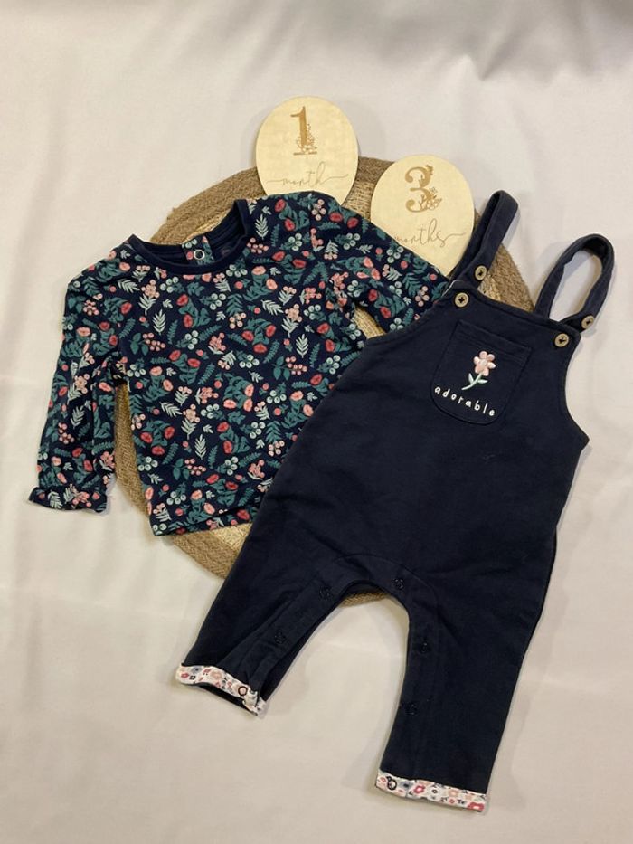 Ensemble fille haut manche longue et salopette fleuri