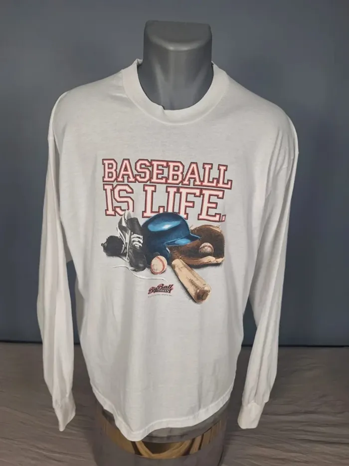 Vintage Baseball Is Life – T-shirt Manches Longues Blanc – Taille XL – Style Années 90 (553)