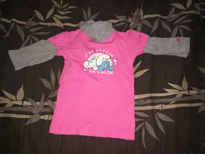 Tee shirt manches longues col roulé rose/gris stroumphe