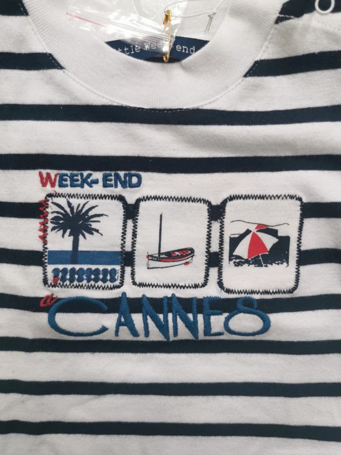 🌺Teeshirt Week-end à la mer 6mois Rayé bleu marine et blanc neuf avec étiquette - photo numéro 6