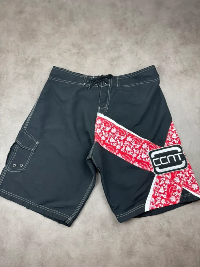 Short de Bain Vintage Noir et Rouge Logo Brodé Taille XL