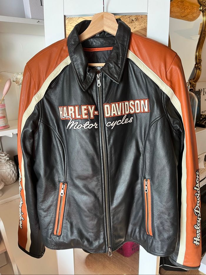 Veste moto Harley Davidson femme noir/camel – T.XL – cuir TBE 🏍️