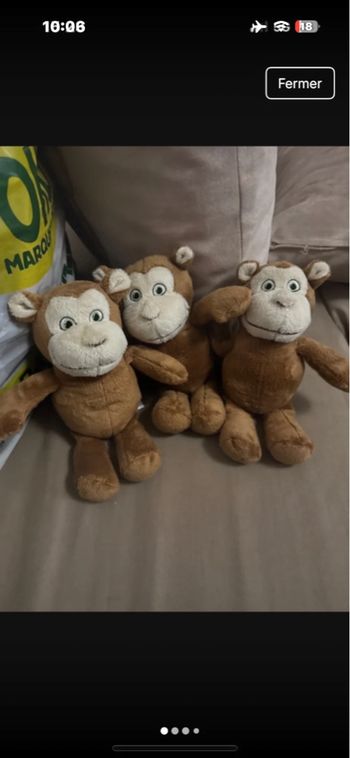 lot 3 peluches singe très bon état idéal triple