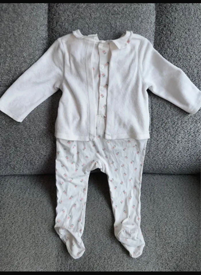 Pyjama grenouillère velours blanc col Claudine col pétale motif fleuris Tape à L'œil - photo numéro 2