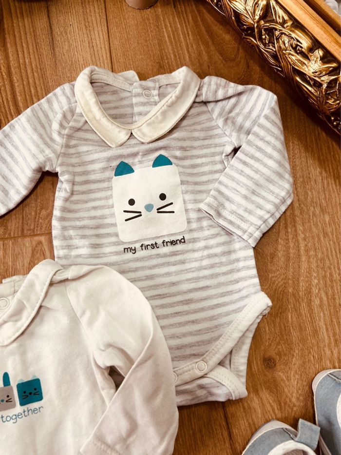 Taille naissance lot de 3 bodies manches longues garçon Obaibi blanc gris 💙 - photo numéro 5