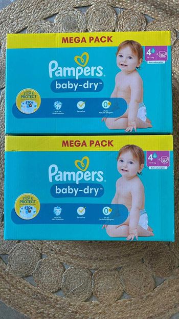 2 cartons de 86 couches Pampers baby-dry 4 plus (4+) 10-15kg extra absorption.