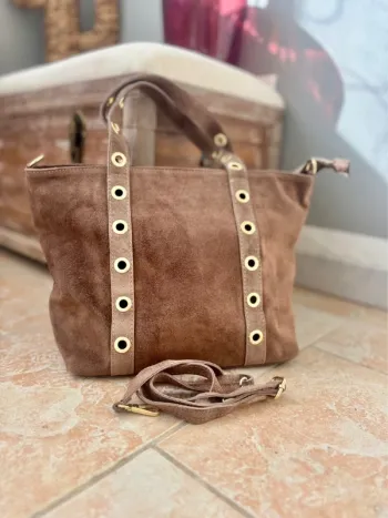 Grand sac cuir marron œillets dorés + 1 bandoulière