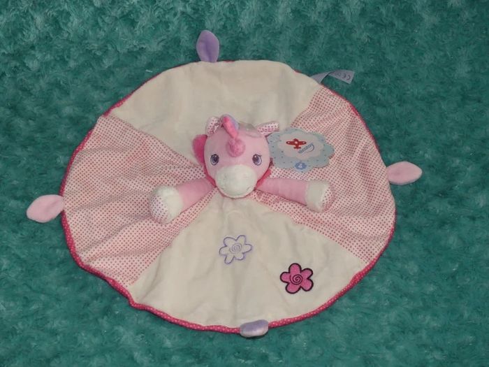 Doudou plat rond licorne rose blanc Nicotoy 🦄 Neuf