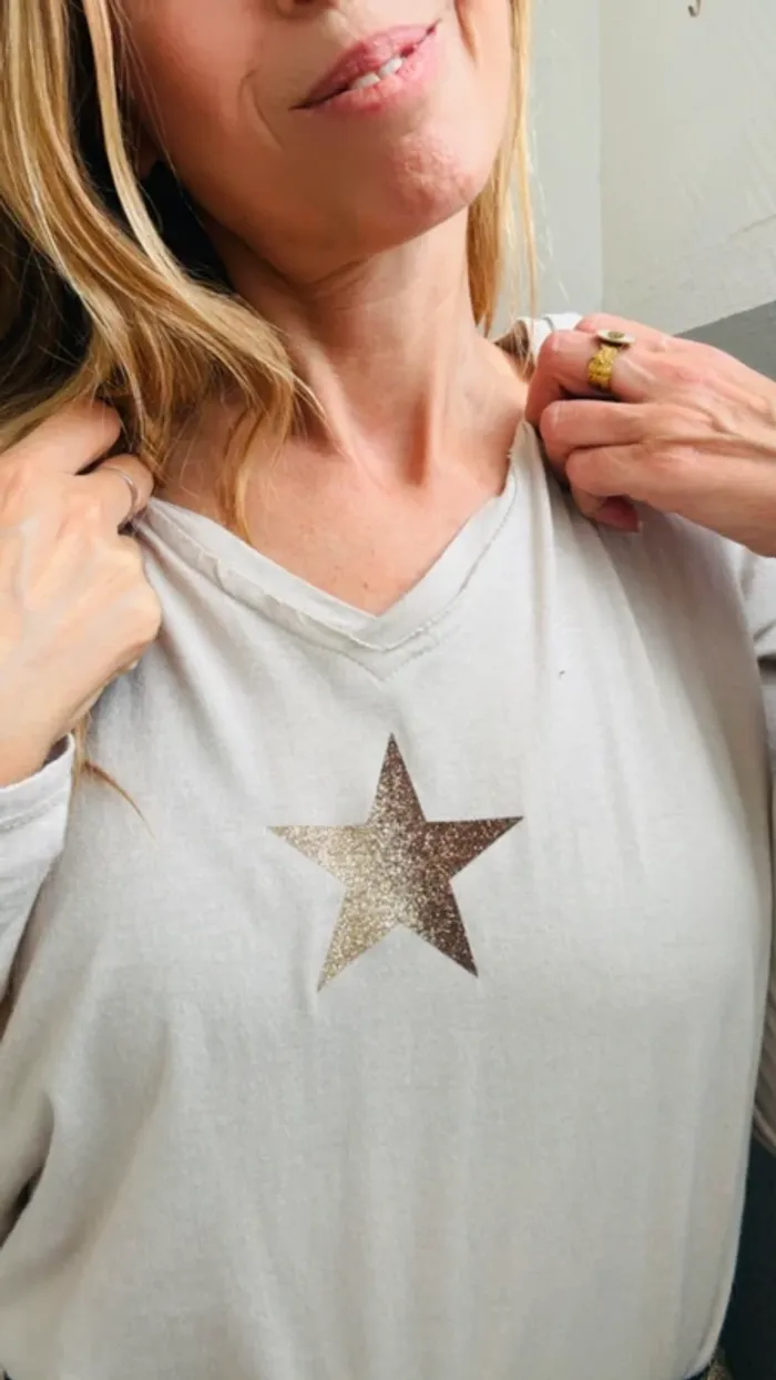 Haut tendance 100 % coton – étoile glitter n– beige - photo numéro 5
