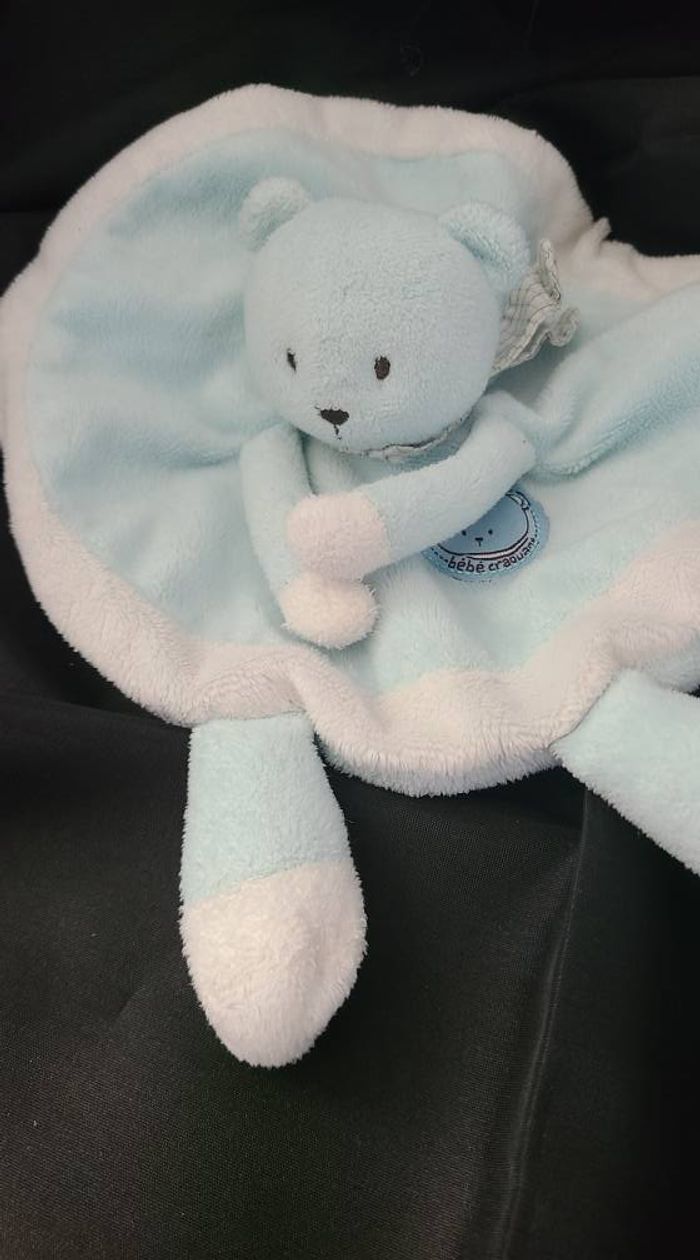 Doudou plat rond Ours bleu blanc Attention bébé craquant La Halle - photo numéro 4