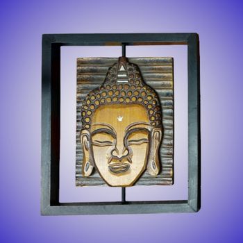 Cadre Mural Tête de Bouddha Sculptée Décoration Zen Ethnique en Bois Bon État