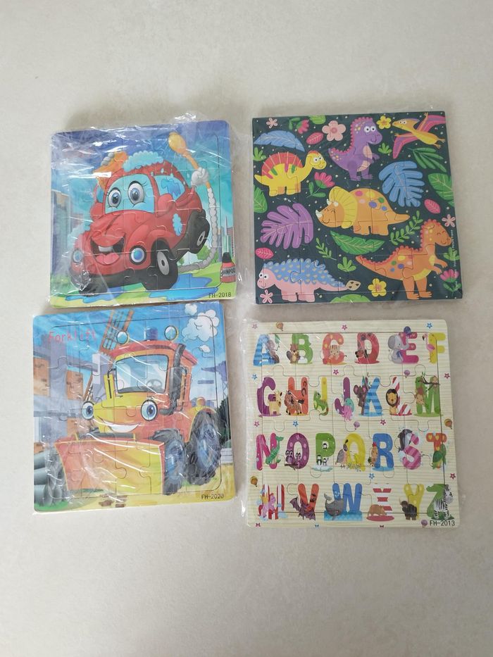 Puzzles enfants très colorés en bois images de bulldozer voiture alphabet chiffre+ dinosaures