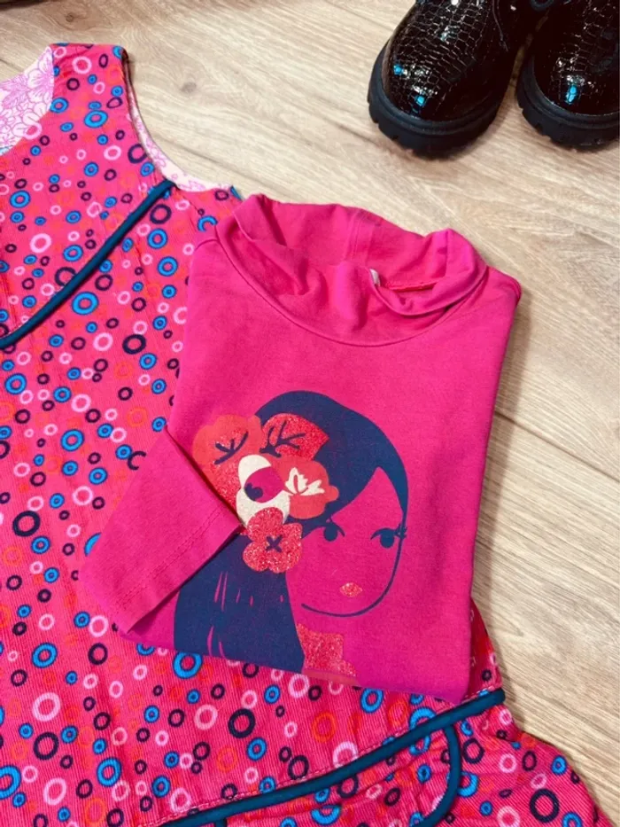 Taille 5 ans robe et sous pull fille DPAM rose fuchsia * velours * 🩷 - photo numéro 4