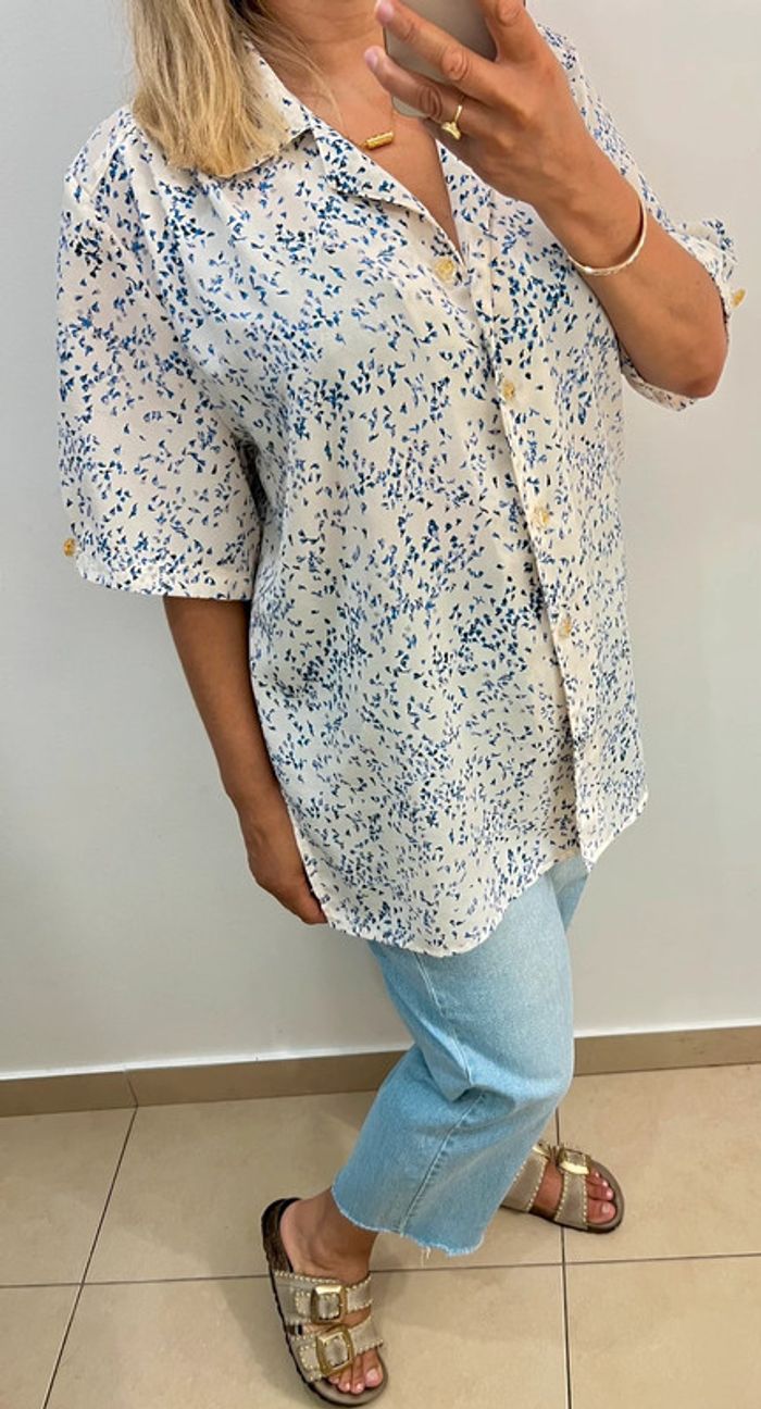 🌿 Chemise imprimé bleu sur fond écru Taille - photo numéro 9