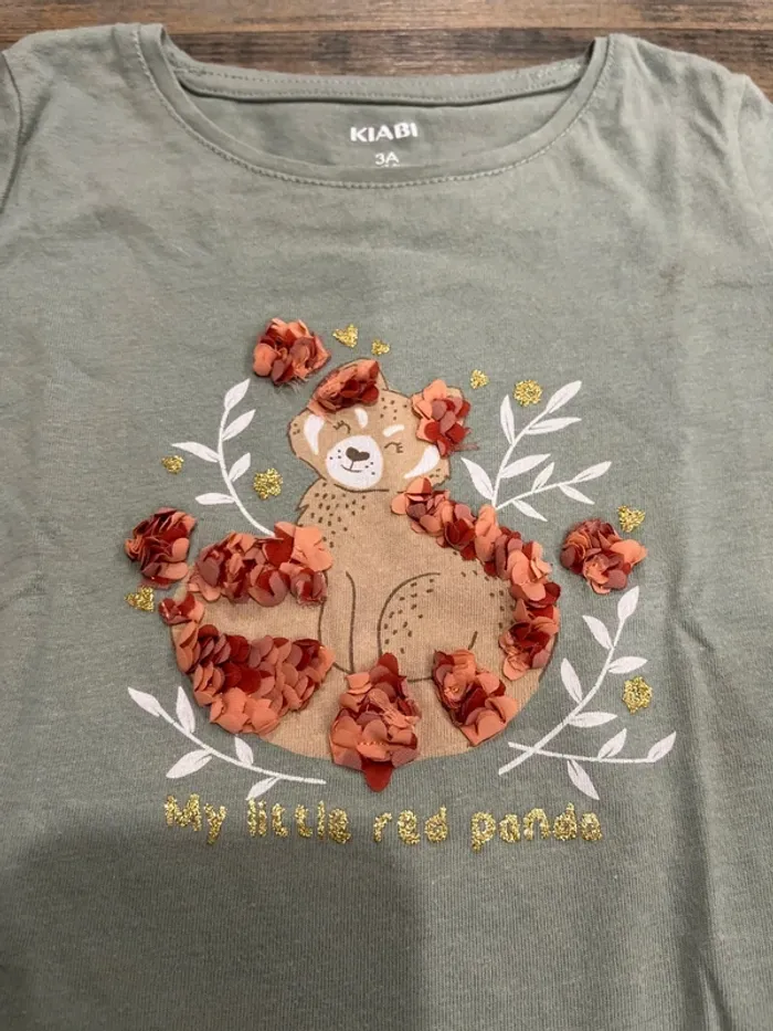 T-shirt manches longues kaki motif panda roux - photo numéro 2