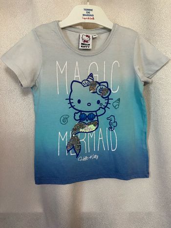 T-shirt bleu délavé sirène sequins 4 ans Hello kitty