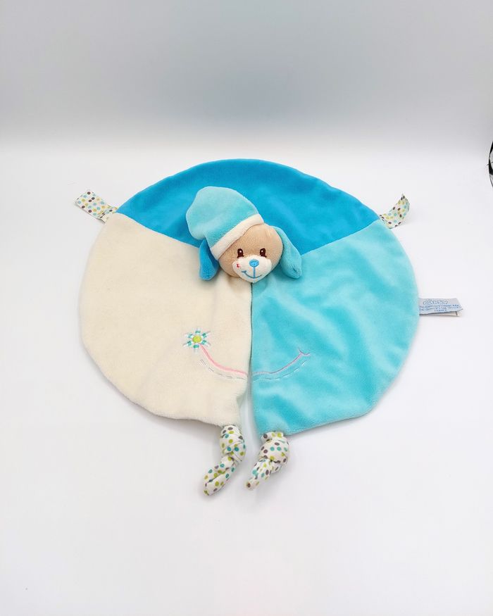Doudou plat rond chien beige bleu écru GIPSY smile fleur étoile rouge pois