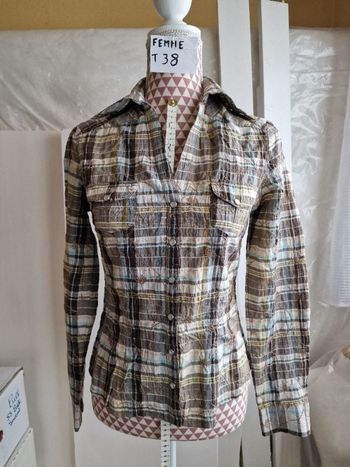 Chemise, à carreaux marron &turquoise avec fils doré, en très très bon état, longueur 54cm, en coton