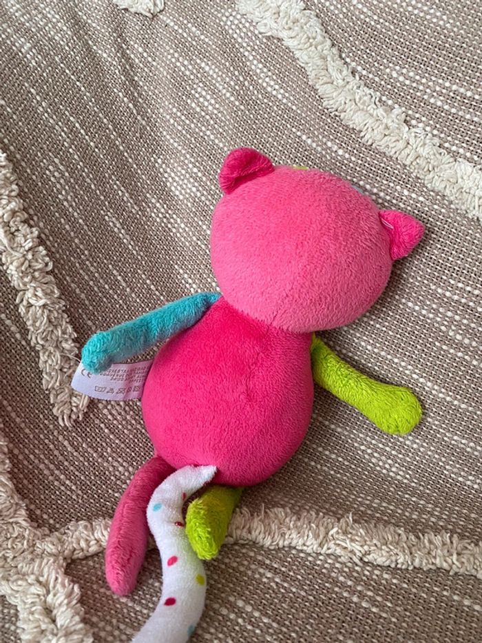 Peluche Doudou 28cm orchestra ours chat rose et vert bleu rayé blanc très bon état - photo numéro 3