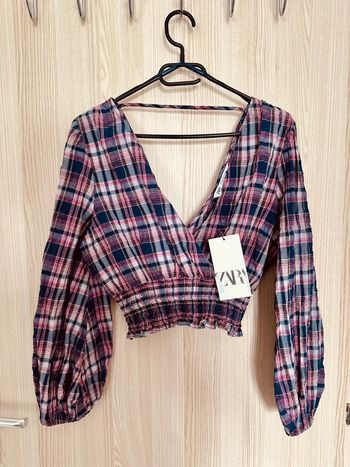 Blouse courte manches longues marine rose taille S ZARA