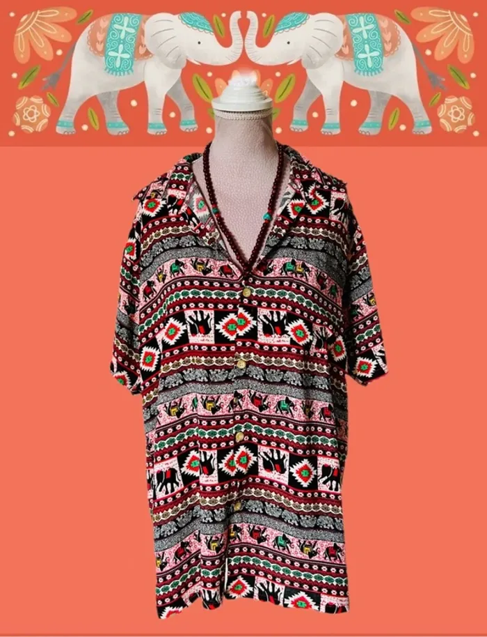 🐘Chemise vintage hippie 100% coton éléphants multicolores🌿Indian ethnic festival style shirt🐘