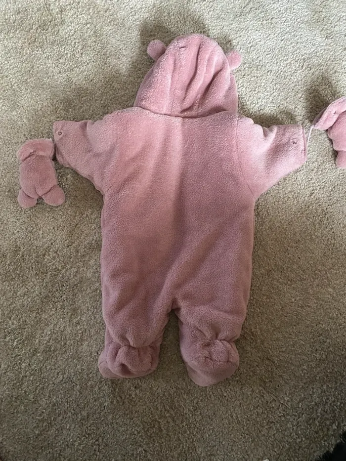 Combinaison rose pale hiver fille + moufle et capuches 0/3 mois - photo numéro 3