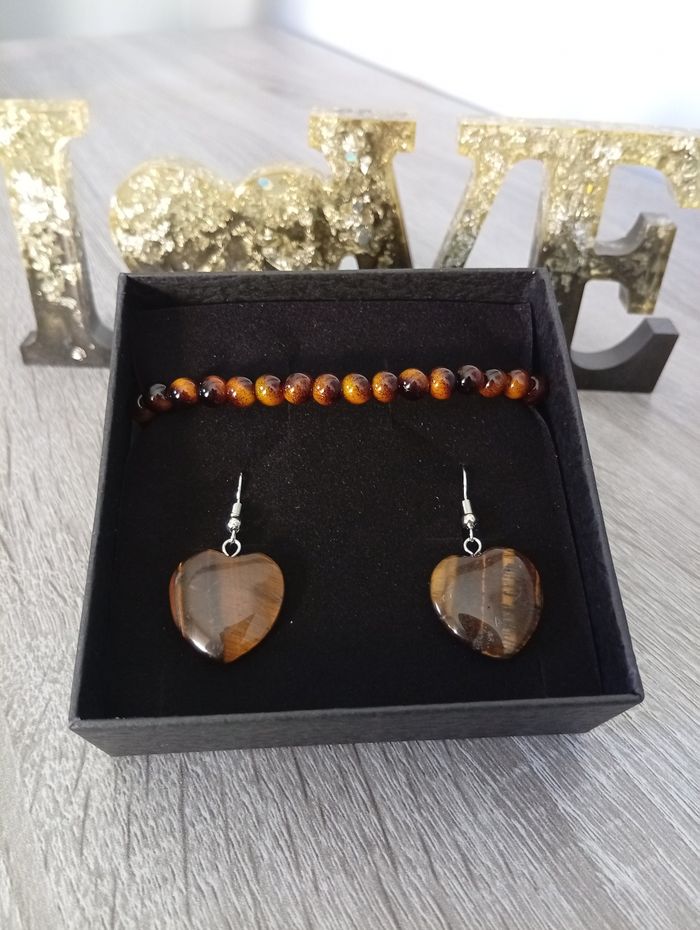 Joli ensemble boucles d'oreilles+bracelet pierre naturelle oeil du tigre - photo numéro 2