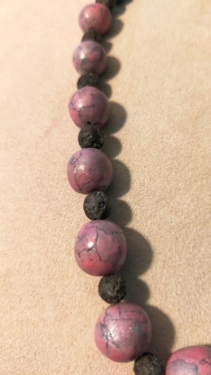 Collier vintage – Perles artisanales en pâte polymère marbrée & pierre volcanique - photo numéro 6
