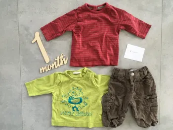 Ensemble Pantalon marron + 2 t-shirts manches longues 1 mois