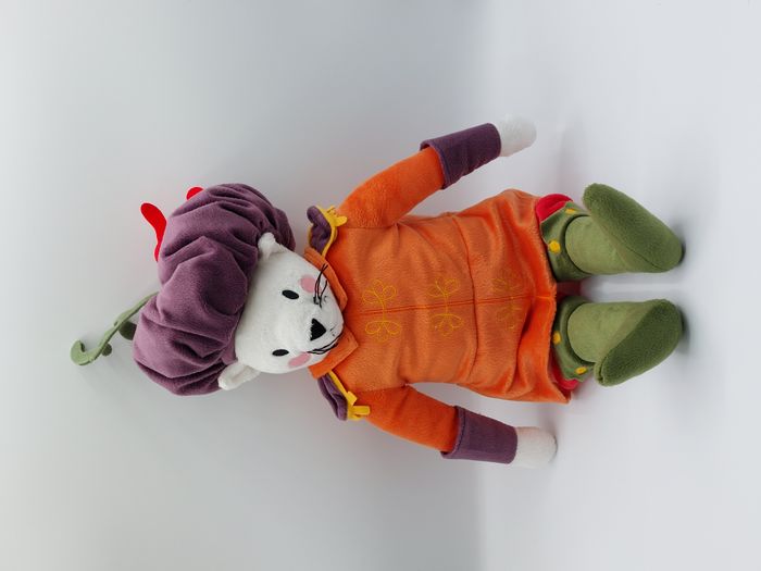 Peluche doudou chat botté blanc IKEA orange chapeau violet 50 cm TTBE