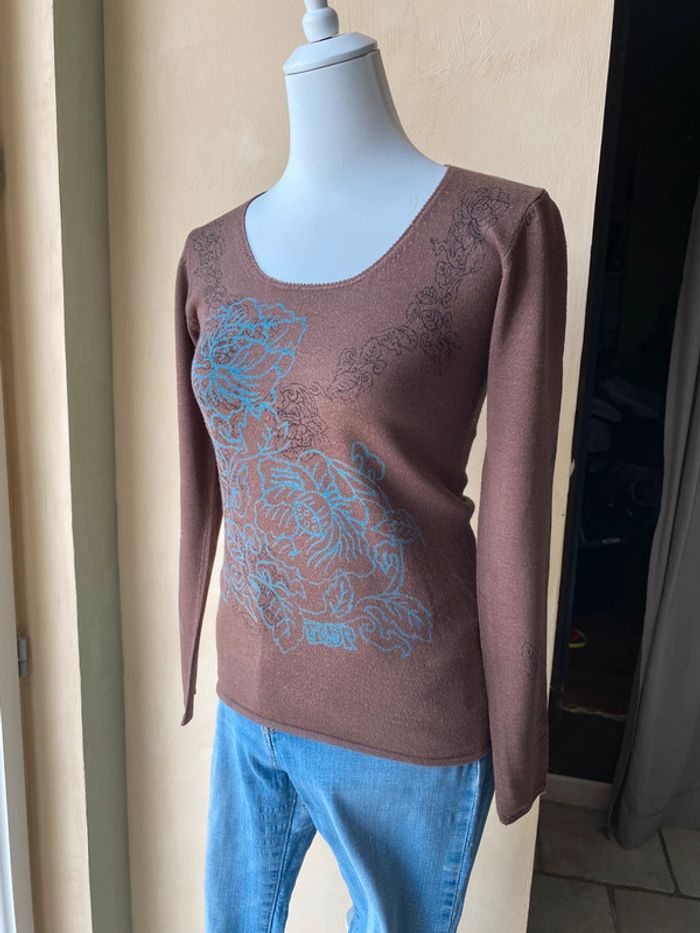 Pull marron à motifs fleurs DOP M - photo numéro 7