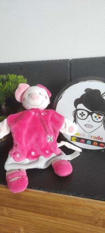 Doudou Souris Plat Rose Rayé blanc noeud gris fleur rond nicotoy Rayure Carré