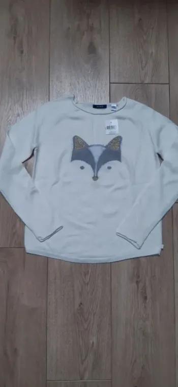 Pull okaidi blanc motif renard 10 ans neuf avec étiquette