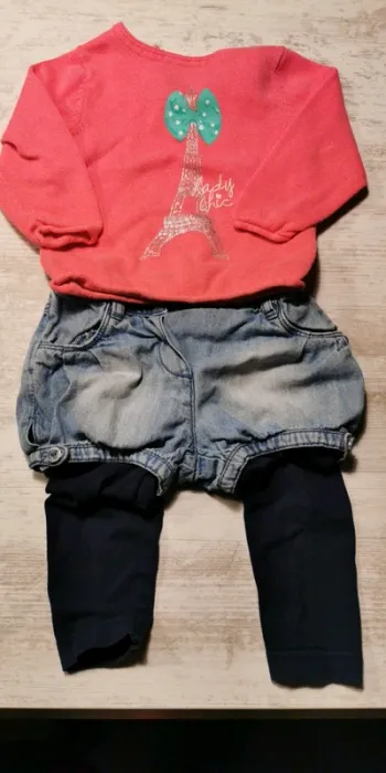 Ensemble pull Orchestra + short en jean Obaïbi + legging bleu marine 12 mois
