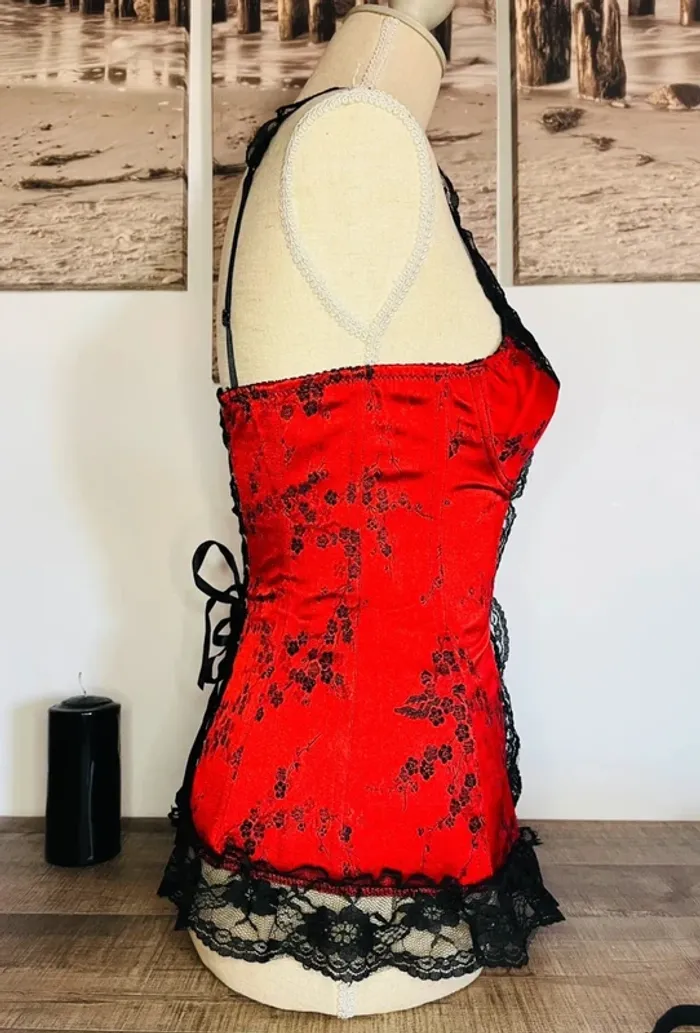 💕 corset bustier rouge avec fleurs et dentelle noire taille 36 s - photo numéro 3