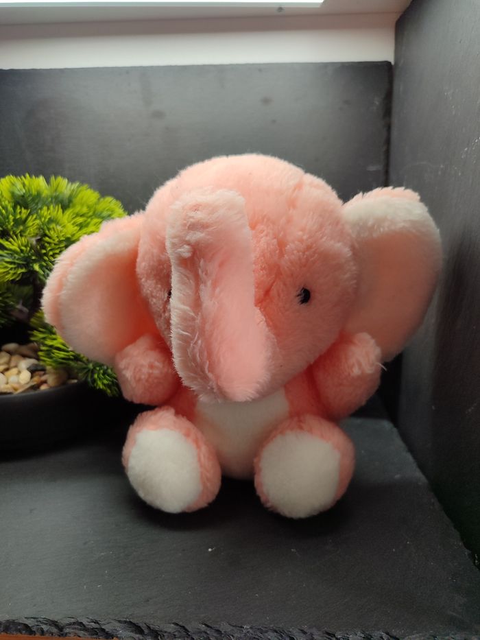 Doudou Ancien Vintage Éléphant assis ajena Rose blanc peluche Saumon Plush - photo numéro 4