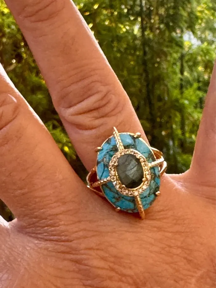 Bague habaha Paris véritable zircons turquoise et jade vert acier inoxydable or - photo numéro 3