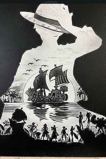 Tableau One Piece noir et blanc – Luffy et l’équipage, style silhouette en toile 30x40cm
