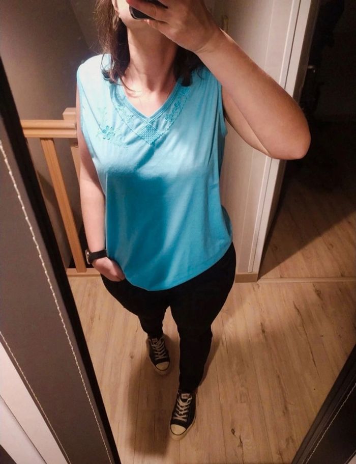 Débardeur vintage bleu brodé taille xl xxl oversize